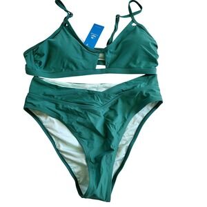Cupshe Green High Waisted Bikini Set Cutout Bralette V-Waist Swimsuit L NEW
